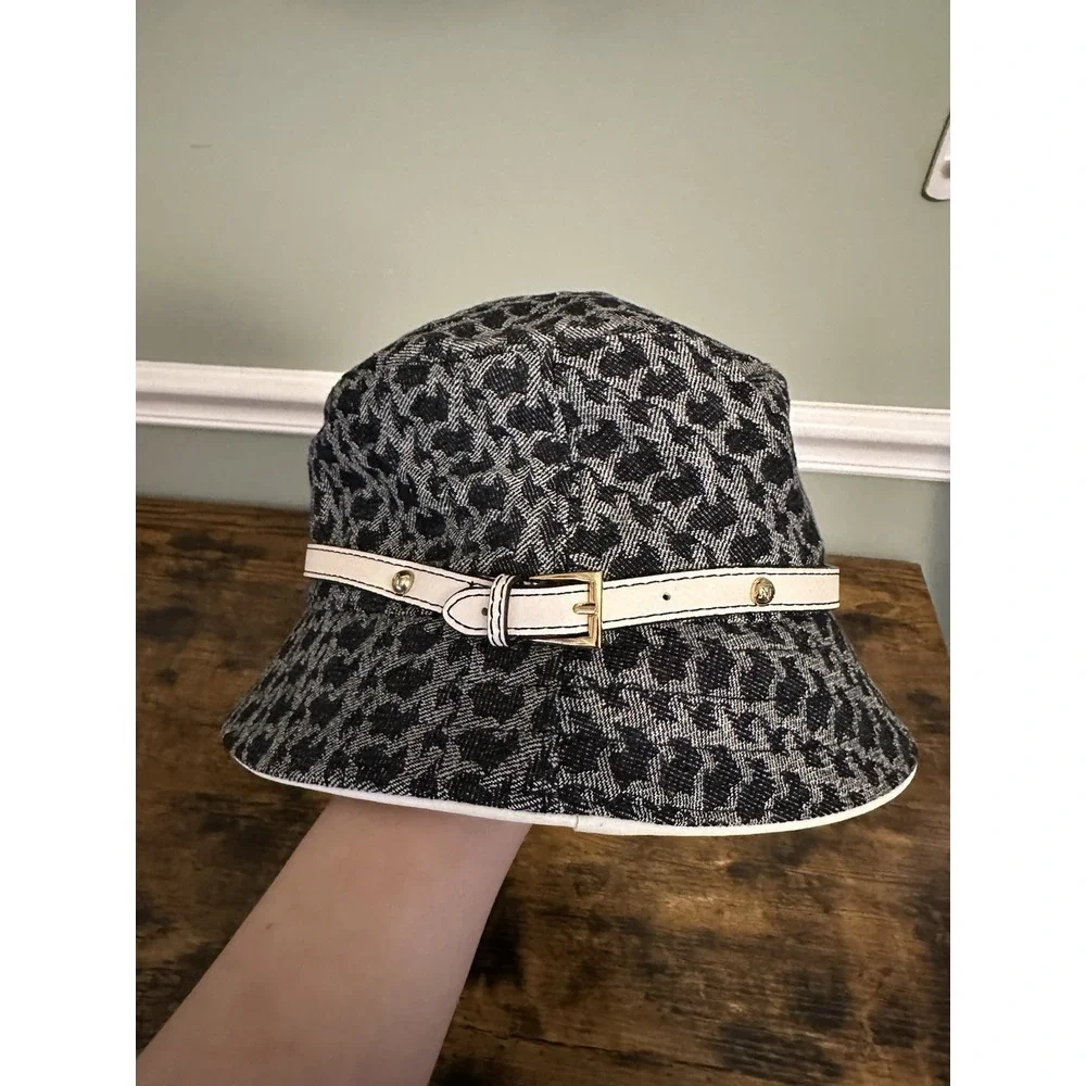New York And Company Women's Bucket Hat‎ Black Geometric Ivory Belt Gold Accents